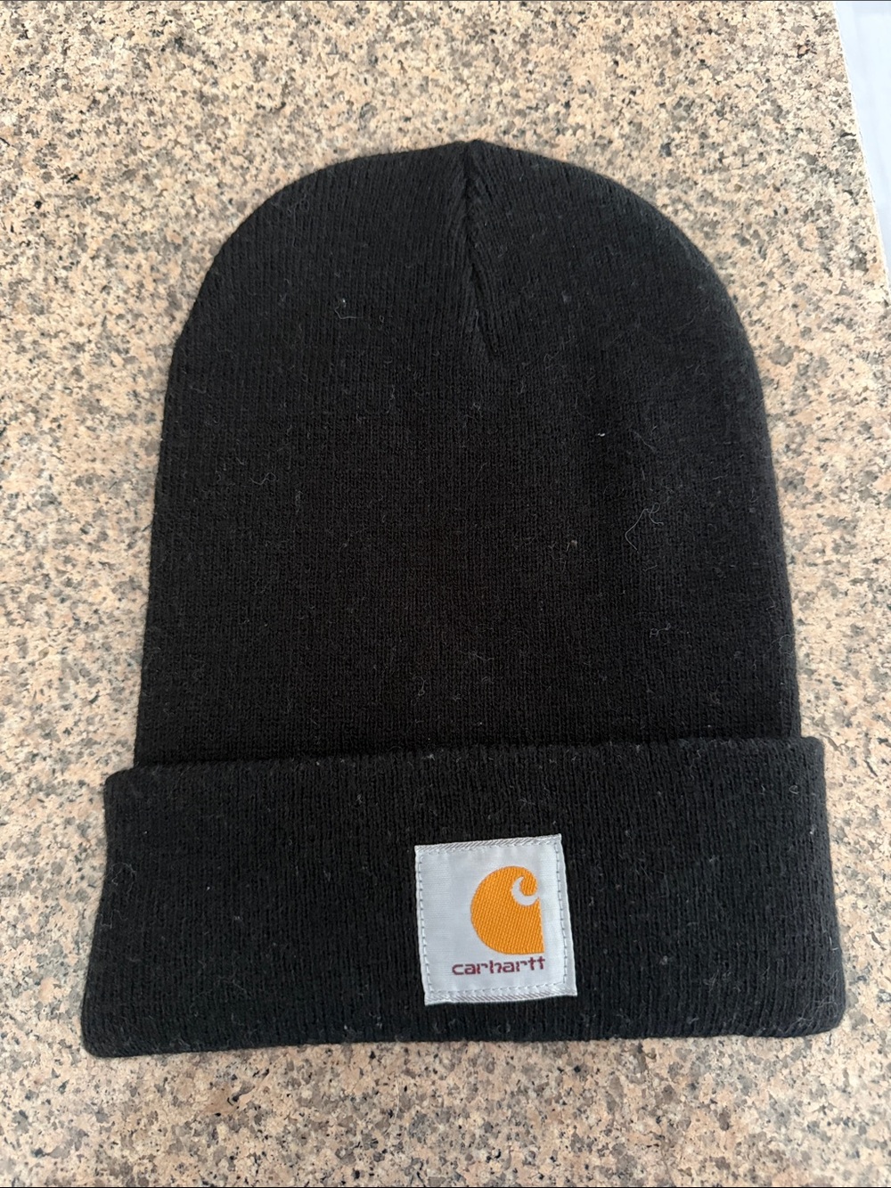 Carhartt Black Knit Cuffed Beanie with Orange Logo Patch